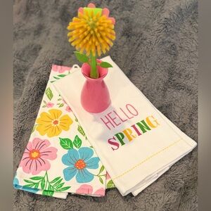 Hello Spring Floral Kitchen Towel Set with Flower Dish Brush With Holder 3PC
